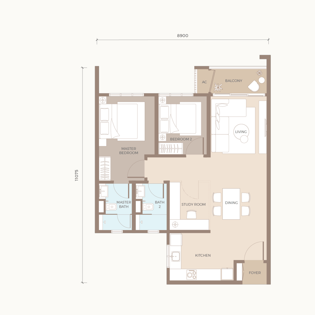 Type D1 floor plan, 879 sq. ft.