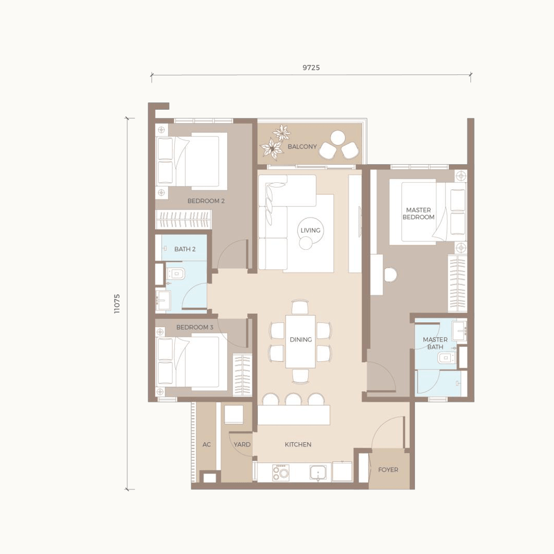 Type E1 floor plan, 1,024 sq. ft.